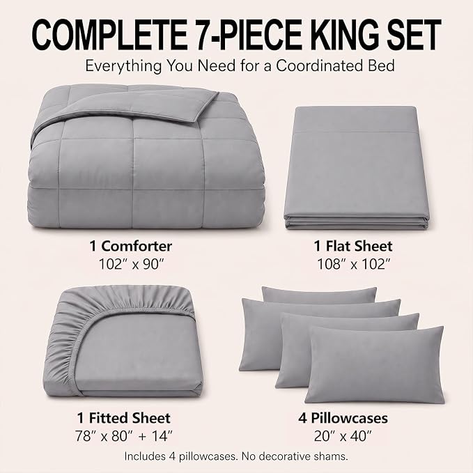 King Size Comforter Set Grey - 7 Pieces Bed in a Bag | OEKO-TEX Certified, All-Season, Bedroom, Guest Room, Down-Alternative Comforter + Flat & Fitted Sheets + 4 Pillowcases