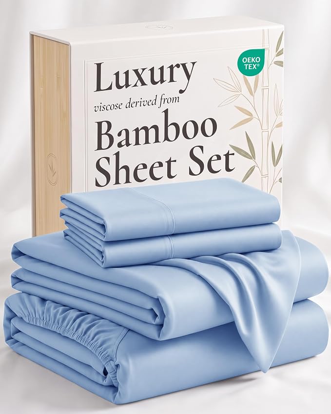 Hotel Sheets Direct 4 Piece Bed Sheet Set Queen Size, 100% Viscose Derived from Bamboo Sheets Set with 2 Pillowcases, Cooling & Breathable Luxury Bedding, Moisture-Wicking & Silky Soft, Light Blue