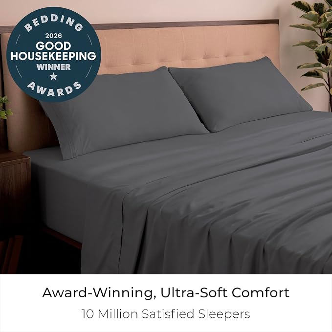 Mellanni Iconic 4-Piece, Ultra Soft Sheet Set (California King, Gray) | 10M+ Sleepers. Lab-tested: Sleeps Cool, Stays Bright, Strong, Smooth. Good Housekeeping Best Bedding, 7 yrs running.