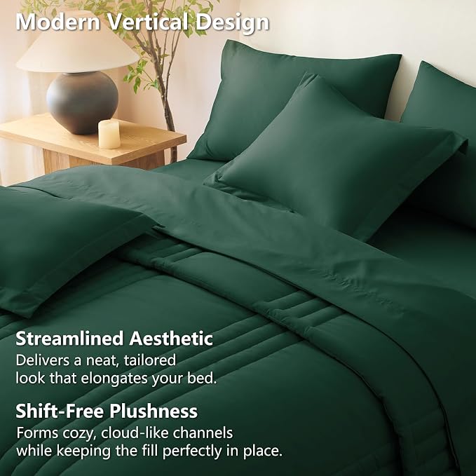 Oversized King Comforter Set Emerald Green- 7 Pieces Bed in a Bag | OEKO-TEX Certified, 240GSM Down-Alternative Comforter, 14" Deep-Pocket Sheets, Shams & Pillowcases, Lightweight