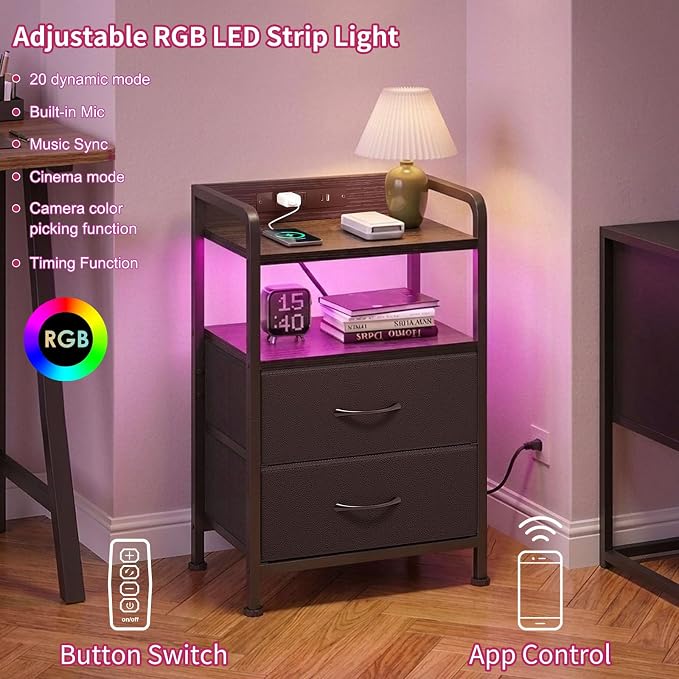 Fixwal Black Led Nightstand, Rear Charging Station, 2 Fabric Drawers | industrial style, built-in bedside charger, 2 AC outlets 1 usb port 1 c port, small bedroom furniture, end table, night stand