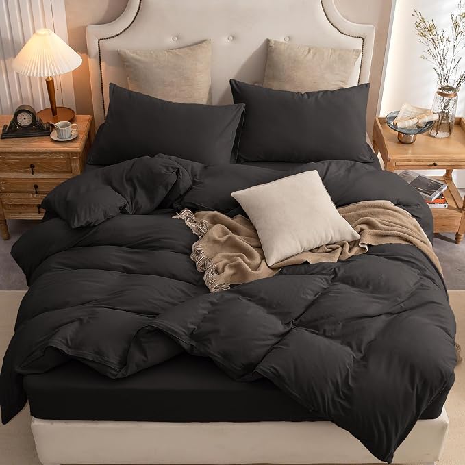 PURE ERA Jersey Knit Sheet Set Solid Black Queen | 100% Cotton, 3 Piece Set, T Shirt Soft, Breathable, Envelope Closure Pillowcases, Hidden Zipper, 8 Ties, No Insert, Modern