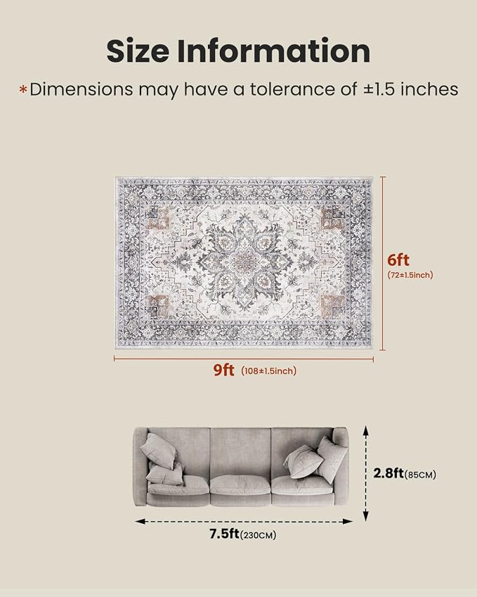 AMADA HOMEFURNISHING 6x9 Area Rugs, Blue Low-Profile Washable Rug with Non-Slip Backing & Durable Edge Binding, Vintage Rugs for Living Room, Bedroom, Dinning Room