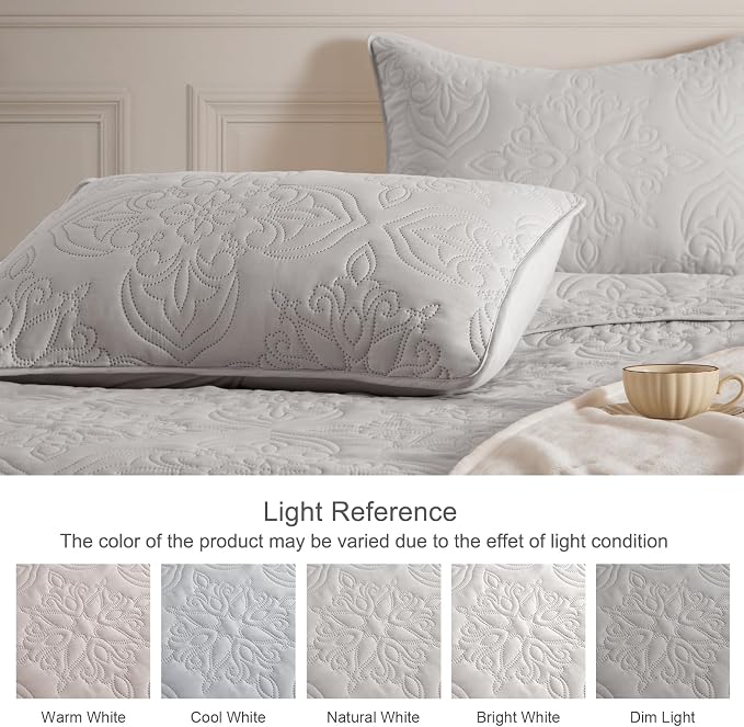 Whale Flotilla Cal King Quilt Set Vintage Damask Reversible Bedspread | Suitable for Bed, 3 Pieces Light Grey Lightweight Breathable Oversized Quilts, Ultrasonic Coverlet with 2 Pillow Shams