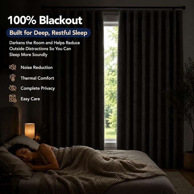 Deconovo 100% Blackout Curtains for Bedroom, Linen Textured Thermal Insulated Drapes with 20 Clip Rings, Noise Reducing Curtains for Nursery, Set of 2, White, 52" W x 72" L, 2 Panels