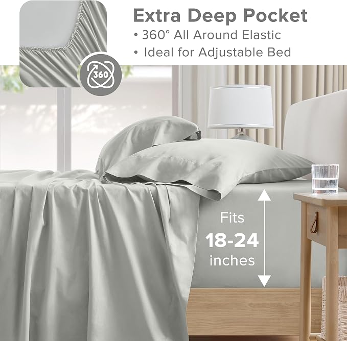 Comfort Spaces 100% Cotton Percale Sheets King Extra Deep Pocket, 4 Pcs | Crisp, Cool & Breathable Bed Sheets, 22" Deep Pocket Fits Up to 24" Mattress, Lightweight, All Season Cozy, Grey