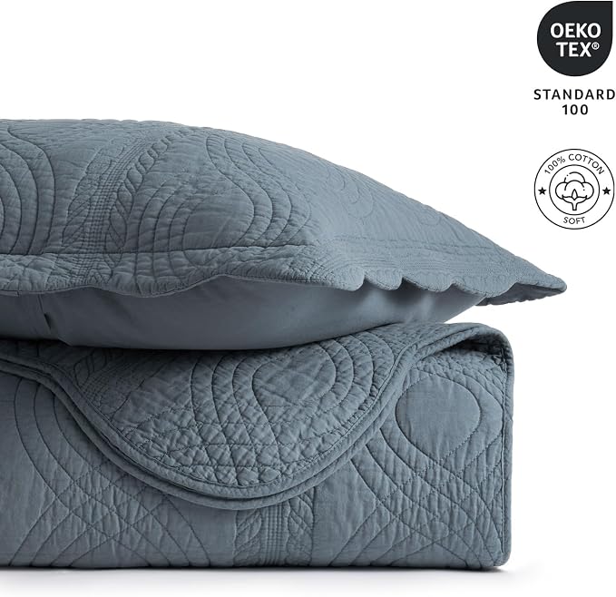 100% Cotton Scallop Quilt Set, King Size, Stormy Blue | Scalloped Border, Timeless Chic Aesthetic, All-Season Comfort, Perfect French Country Bedroom Decor, 3 Piece Set with 2 Shams
