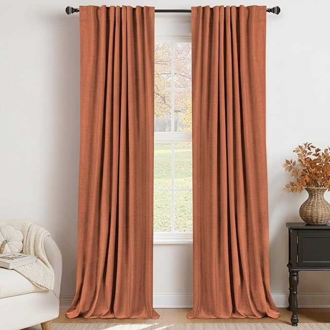 Faux Linen Total Blackout Curtains for Bedroom 84 Inch Long Burnt Orange | 100% Blackout Shield, Back Tab/Rod Pocket Living Room Drapes, Thermal Insulated Blackout Curtains 2 Panels Set, 50"W x 84"L