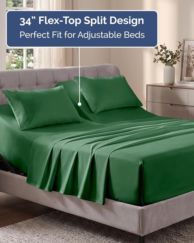 Flex Top Split Head King Sheet Set - 4 Piece Extra Deep - Emerald Green | Easily Fits 18 to 24 inch Mattress, Ultra Soft, Wrinkle & Fade Free with Extra Deep Pockets, Comfy Hotel Luxury Bedding