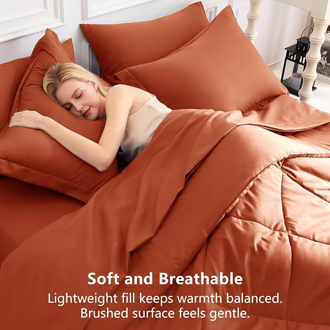 Queen Comforter Set Burnt Orange - 7 Pieces Complete Bedding Set | OEKO-TEX Certified, All Season, 240GSM Down-Alternative Comforter, Sheets, Pillowcases & Shams, 14" Deep Pocket, Easy Care