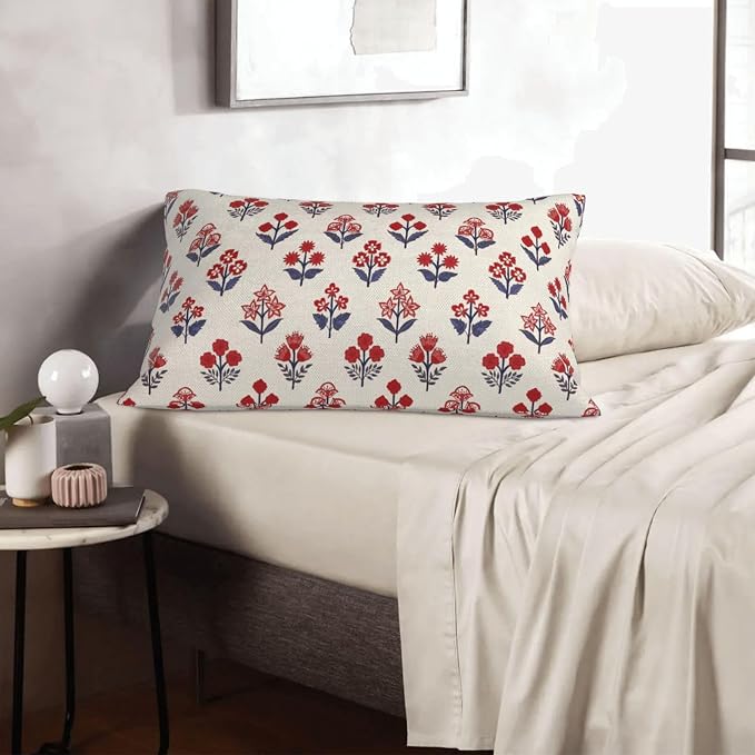 4th of July Pillow Covers 12x20 Inch 2 Pcs Red Blue Block Print Vintage Floral Patriotic Outdoor Decor Throw Pillows Memorial Day Holiday Decoration Pillowcase Linen Cushion Cover for Couch