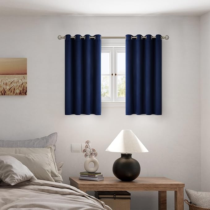 BGment Short 100% Blackout Curtains for Bedroom, Thermal Insulated Energy Efficiency Noise Reducing Grommet Curtains 54 Inch Length with Liner for Small Window 2 Panels Each 52 Inch Wide, Navy Blue