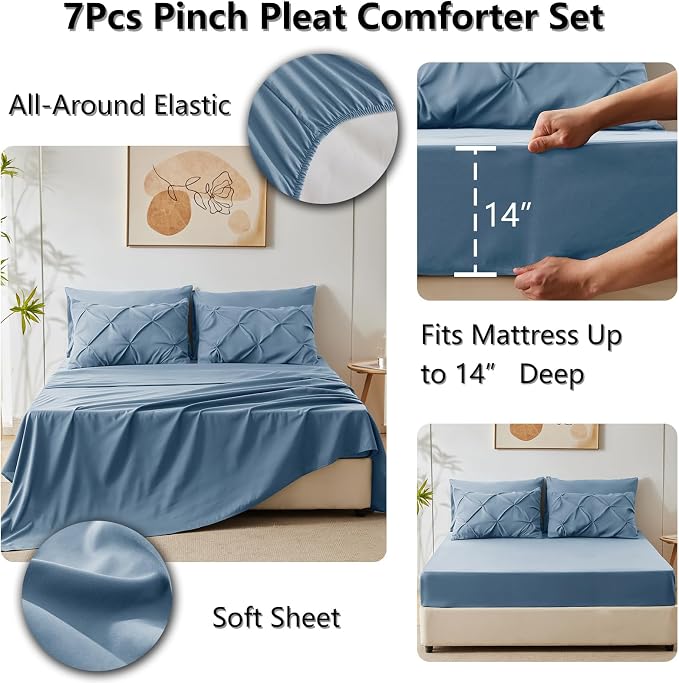 HIMEET California King Comforter Set Dusty Blue - 7 Pieces Bed in a Bag | OEKO-TEX Certified, 240GSM Down Alternative Comforter, 14" Deep Pocket Fitted Sheet + Flat Sheet + 2 Pillowcases + 2 Shams