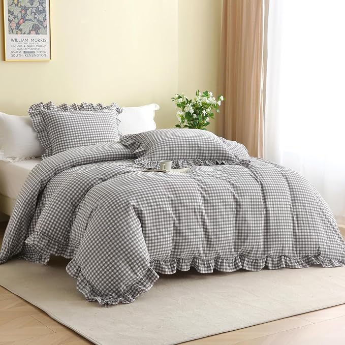 Silnuo Gray/White Gingham Plaid Ruffle 3-Piece Duvet Cover Set Queen Size | 100% Washed Cotton Shabby Gingham Plaid Bedding Set Farmhouse Comforter Set(Queen,Gray/White)