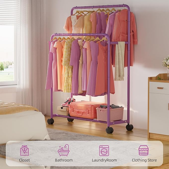Simple Trending Clothing Clothes Rack, Double Rod Garment Rack, Purple | Portable Closet with Bottom Shelf, Anti-Slip Stoppers, 360° Lockable Wheels, Multiple Uses, Bedroom, Laundry Room