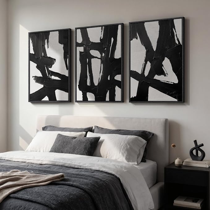Large Framed Black and White Abstract Wall Art for Living Room, 24x36 Inch | Modern Paintings, Minimalist Pictures, Black White Artwork, Canvas Prints, Wood Frames, Bedroom Office Hallway Wall Decor