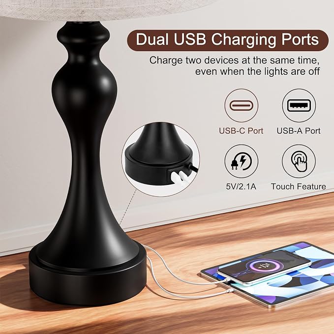 Touch Lamps for Nightstand, 3 Way Dimmable Bedside Lamps with USB C+A Ports | Touch Control, LED Bulb Included, Small Black Table Lamp for Bedroom, Night Stands, End Table, Gift，Corded，Beige Shade