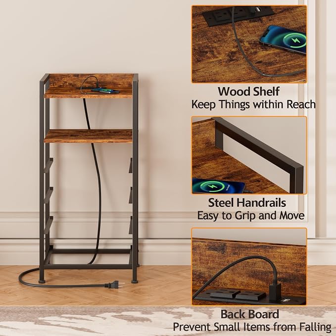 Furnulem Night Stand with Charging Station, 4 Drawer Tall Bedside Table | small dresser for bedroom, with LED light & Remote Control, Fabric Bins and Metal Frame,Wood Desk Top,Easy Assemble for Dorm