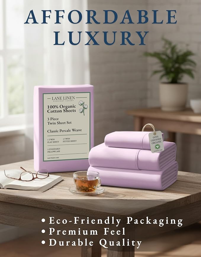 LANE LINEN Twin Sheets 100% Organic Cotton 3pc Percale Soft - Orchid Petal | Twin Sheets In Organic Cotton Percale - Breathable For Year-Round Sleep, Best-Value Organic Cotton, Affordable Organic Luxury