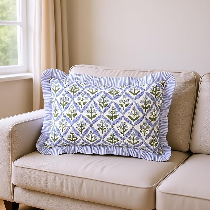 Ridhi Block Print Light Steel Blue Ruffle Lumbar Pillow Shams, 20" x 12" | 100% cotton, Floral Pillowcase, Cushion Cover, Hidden Zipper, Cottagecore Bedding, farmhouse boho style, fits couch, sofa,Bed