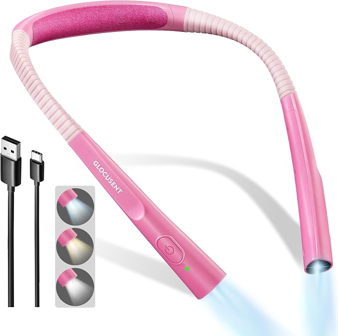 Glocusent Upgraded LED Neck Reading Light, Book Light for Reading in Bed | 30-min Timer, 3 Colors & 3 Brightness, Rechargeable, Eye-Caring Perfect for Women, Knitting,Crocheting, Repairing,Christmas