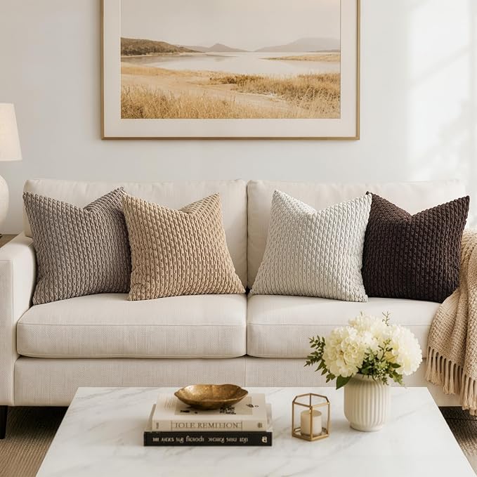 MIULEE Decorative Throw Pillow Covers 16x16 Neutral Tan Textured Corduroy | Pack of 2 Striped Pillow Covers Modern Farmhouse Fall Home Decor for Couch Bed Sofa Living Room