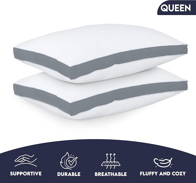 Utopia Bedding Gusset Bed Pillow, Hotel Pillows Queen Size Set of 2, Grey | Cotton Blended Down alternative pillows for sleeping, soft fluffy cooling comfort for Back, side & stomach sleepers, 2 pack