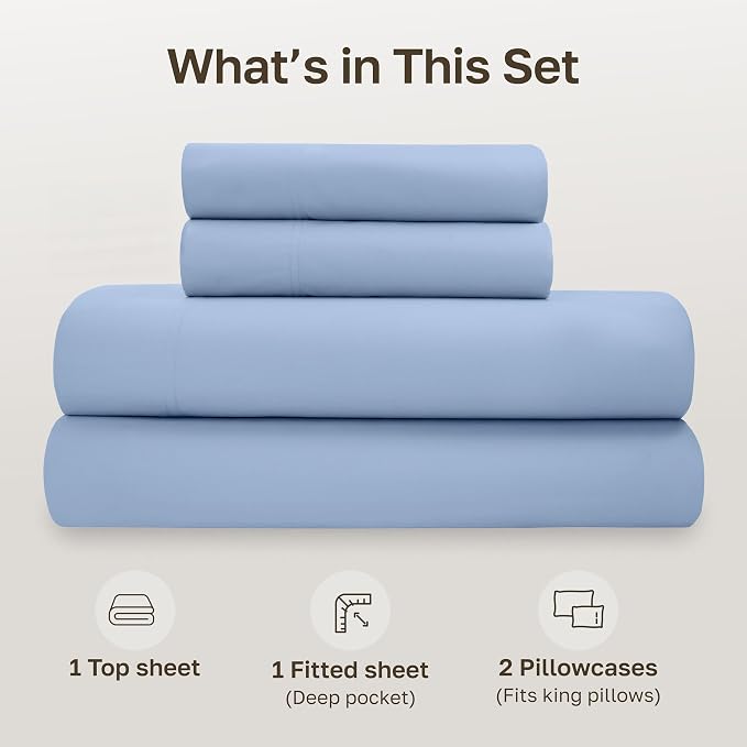 California Design Den 100% Organic Cotton King Sheet Set, 4 Pcs, Light Blue | GOTS Certified, Lightweight Crisp & Airy Percale For Hot Sleepers, 15" Deep Pocket, All-around Elastic, Easy Care