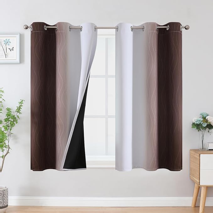 Brown and Greyish White Blackout Curtains 42Wx45L 2 Panels | Ombre Curtains for Bedroom,Thermal Insulated,Full Room Darkening,Light Blocking,Gradient Grommet Window Drapes for Bathroom