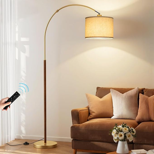 Dimmable Arc Floor Lamp with Remote, Color Temp Adjust, Woodgrain | Rotating Head, Foot Switch & Remote, Arched Floor Lamp for Living Room Bedroom, Over Couch Arched Light, Gold & Woodgrain