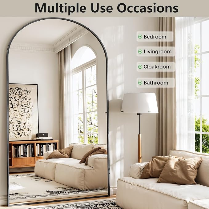 Oversized Full Body Mirror 41x81 inch Arched Full Length Mirror with Stand Aluminum Wall Mounted Hanging or Leaning Standing Mirrors, Black