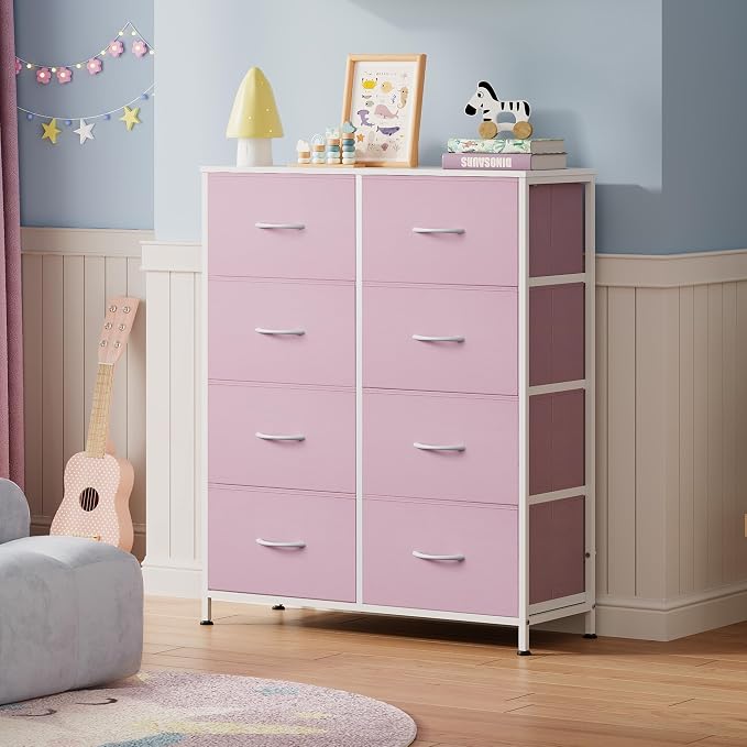 WLIVE 8 Drawer Fabric Dresser for Bedroom, Tall Storage Tower, Pink | Pink 8-drawer tall storage tower with fabric bins and wood tabletop, breathable non-woven, perfect for bedroom closet dorm