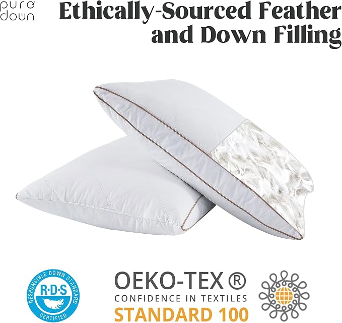 puredown® Natural Goose Down Feather Pillows for Sleeping Oval Gusseted Down Feather Pillow 100% Cotton Pillow Cover with Leaf Quilting Queen Set of 2