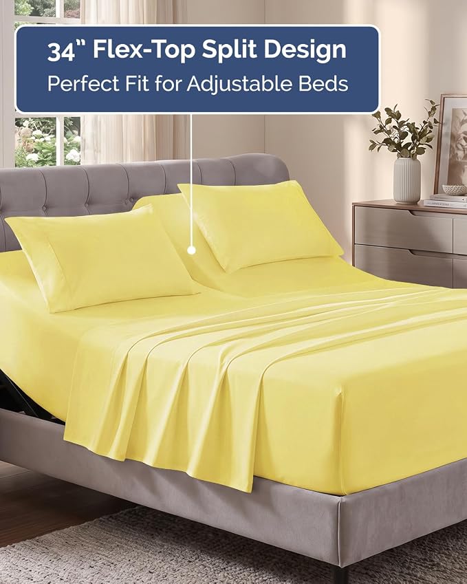 Flex Top Split Head King Sheet Set - 4 Piece Extra Deep Sheets - Yellow | Easily Fits 18 to 24 inch Mattress, Ultra Soft, Wrinkle & Fade Free with Extra Deep Pockets, Comfy Hotel Luxury Bedding