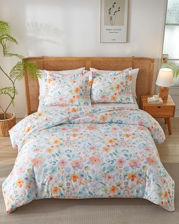 Duvet Cover Queen Size - Floral Duvet Cover - 3 Piece - Blush Rose | Soft Floral Duvet Cover 90 x 90 with 2 Pillow Shams, Zipper Closures & Ties, Floral Bedding for Women, Men, Kids & Teens