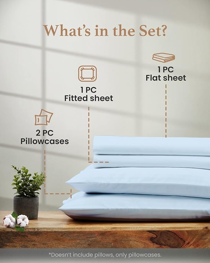 Good Sleep Bedding 100% Egyptian Cotton Queen Sheet Set, 4 Piece Silky Sateen Weave, Bed Sheets Queen Size, Ultra-Soft & Durable Hotel Luxury, 16" Queen Sheet Set Deep Pocket - Light Blue