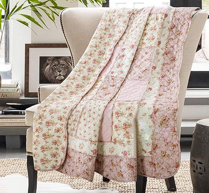 Cozyholy Original 100% Cotton Quilt Full Queen Size Pink Floral Patchwork Quilt, Lightweight Reversible Bedspread Quilted Throw Blanket, Vintage Shabby Chic Cottage Bedding Coverlet for Bed Couch Sofa