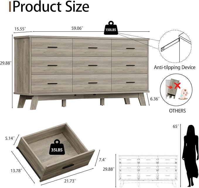 Xixini Dresser for Bedroom, 9 Drawer Wide Modern Chest of Drawers with X-Shaped Sturdy Base, Wood Double Dresser Closet Clothes Storage Organizer, Wooden TV Stand for Living Room, Hallway, Grey