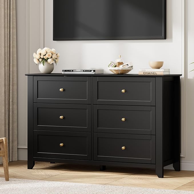 Garvee 6 Drawer Dresser for Bedroom, 47.2" Wide Modern Large Chest of Drawers with Metal Knobs, Wooden Clothes Storage Organizer for Closet, Nursery, Living Room, Apartment, Black | Lacquered Finish, Metal Knobs, Clothes Storage Organizer for Closet, N...