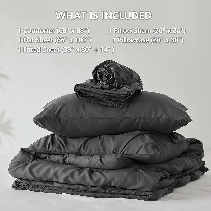 Twin XL Comforter Set Dark Grey, 5 Pieces Pintuck Bed in a Bag | College Dorm Essentials, OEKO-TEX 100 Certified, 240GSM All Season, Down-Alternative Comforter, Sheets, Pillowcase & Sham