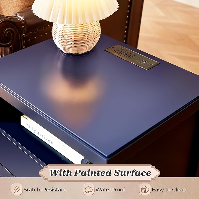 Huuger Blue Nightstand Set of 2, Night Stand with Charger Station | Bedside Table with 2 Drawers, Bed Side Tables for Bedroom, Modern Nightstands, Metal Knobs, Painted Surface