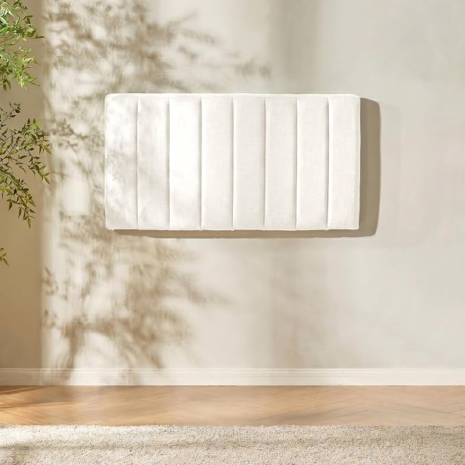 Hearth & Harbor Wall Mounted Twin Headboard Only, Bed Headboard Twin Size | Easy Assemble, Floating Peel & Stick, Upholstered Channel Stitched, 3D Wall Panels, 5 Strips of 3M Tape Included, Off White
