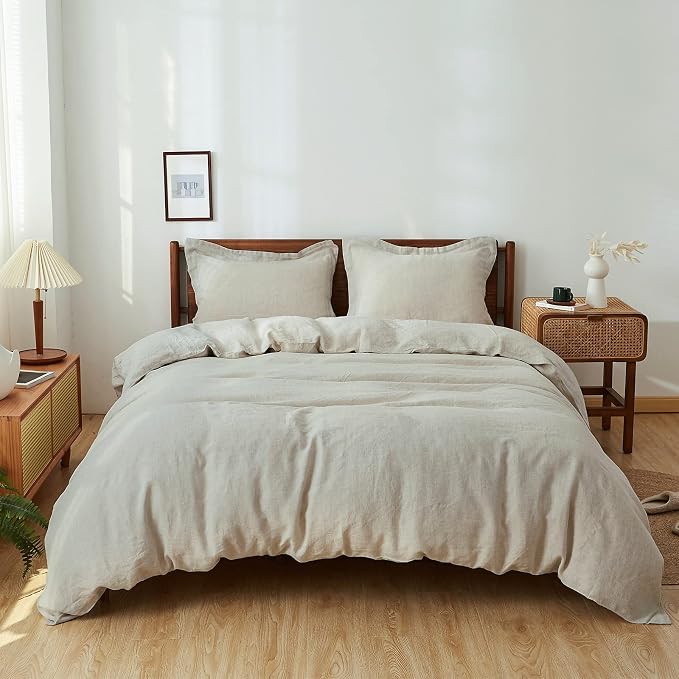 Simple&Opulence 100% Linen Duvet Cover Set 3pcs Basic Style Natural French Washed Flax Solid Color Soft Breathable Farmhouse Bedding with Button Closure - Linen, King