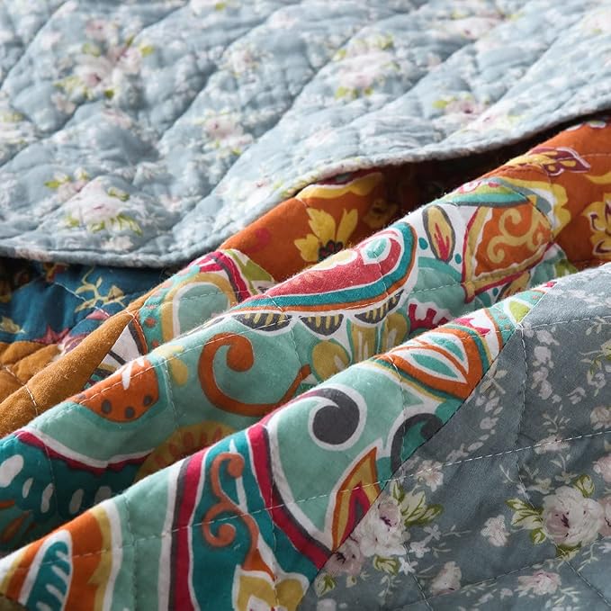 VISIMISI Cotton Bedspread Quilt Sets Reversible Bedding Coverlet Sets 3 Pieces Paisley Vintage Floral Yellow Blue Patchwork Bedspread, King Size