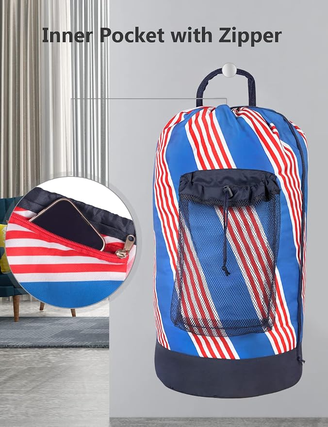 Backpack Laundry Bag with Shoulder Straps and Mesh Pocket Durable Nylon Clothes Hamper Bag with Drawstring Closure for College, Travel, Laundromat, Apartment