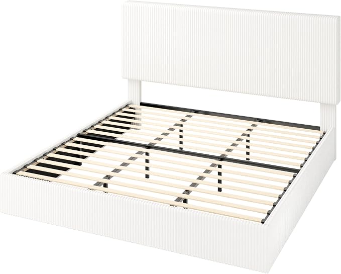 Allewie King Bed Frame, Adjustable Corduroy Headboard, Platform, White | Adjustable Headboard, Corduroy Fabric, Low Profile, Wooden Slats, 1000 lb Capacity, No Box Spring Needed
