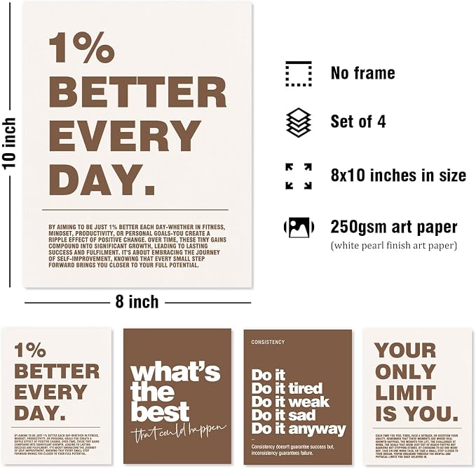 DSHFG Motivational Inspirational Office Wall Art Decor Prints Brown | Office Motivational Wall Decor Trendy Retro Positive Affirmations Quotes Wall Decor Posters, 8x10 Unframed Set of 4