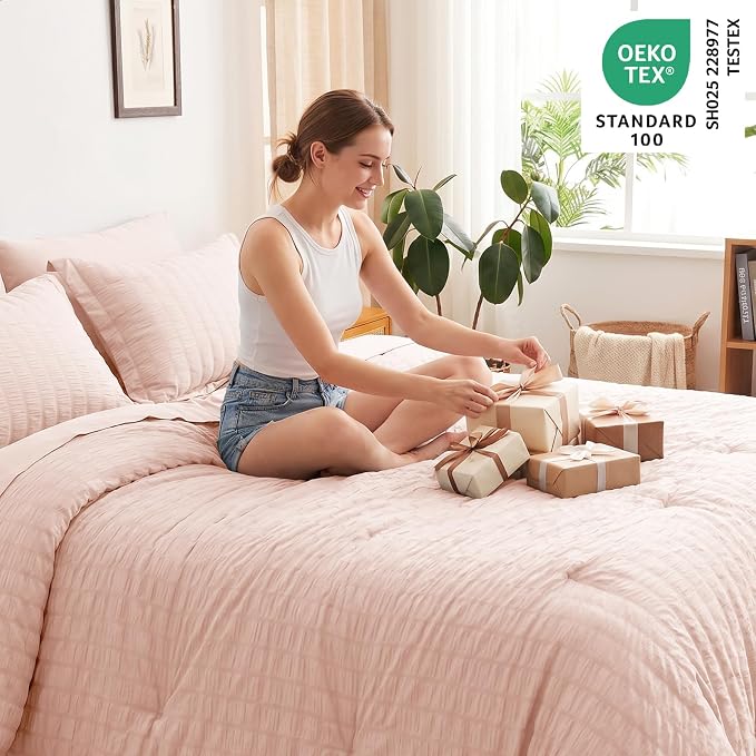 Oversized King Seersucker Comforter Set, Blush Pink, 120 x 98 in | OEKO-TEX Certified, 7 Pieces Bed in a Bag with 240 GSM Down Alternative Comforter, Flat & Fitted Sheets, Pillowcases & Shams