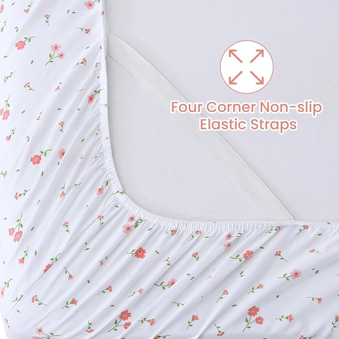 Softan Pink Flower Sheets for King Size Bed - 4 Piece Microfiber Floral Sheet Set with 15" Deep Pocket, Cute Pink Spring Flower Sheets and Pillowcase Set
