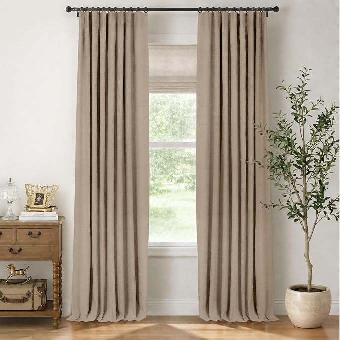 INOVADAY 100% Blackout Curtains for Bedroom Black Out Curtains 96 Inch Long | Taupe Curtains for Living Room 2 Panels, Clip Rings Linen Look Blackout Drapes, Thermal Insulated Room Darkening,W50xL96